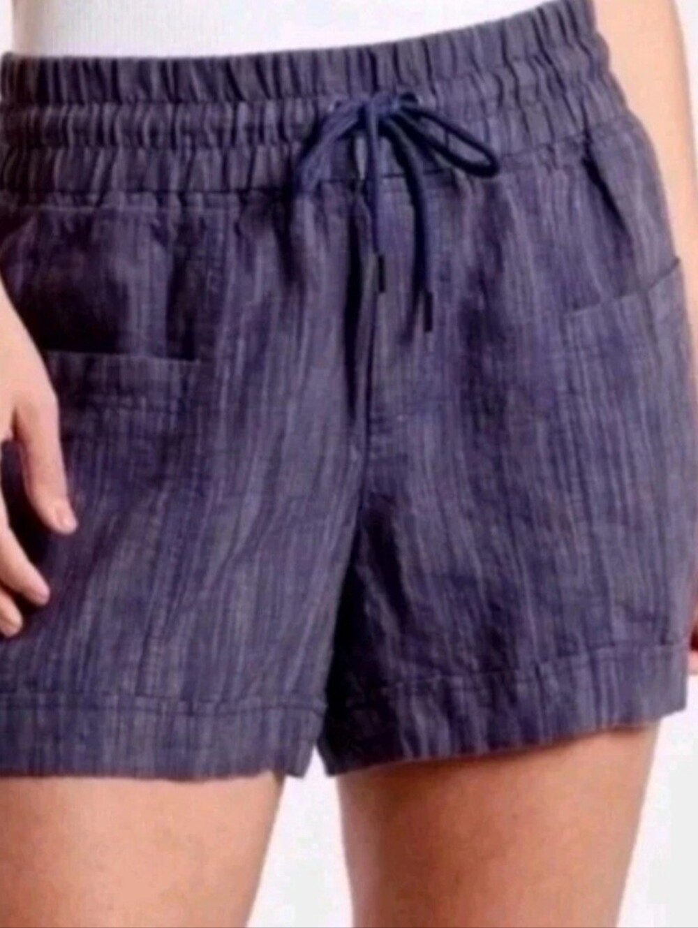 Athleta Striped Navy Drawstring 100% Linen Shorts Size 4